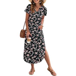 MISFAY Women's Summer Casual Maxi Dress 2026 Short Sleeves V Neck Loose Sundress Split Long Beach T Shirt Dress Vacation Outfits(Black Red Flower,M) (M)