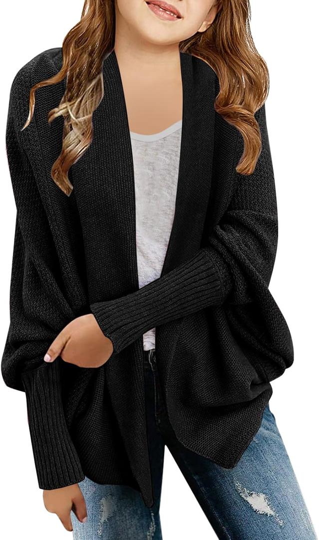 Laseily Girls Open Front Cardigan Sweaters Batwing Long Sleeve Shawl Collar Ribbed Knit Winter Coats (13-14 Years, Black)