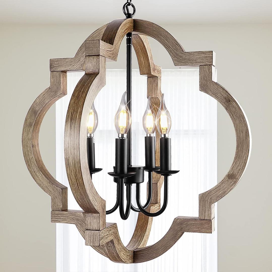 Farmhouse Chandelier for Dining Room, 21.7" Handmade Wood & Iron Rustic Pendant Light Fixture, Adjustable Chain for Kitchen Island, Foyer, Hallway, Entryway (4-Light, E12 Bulb Compatible)
