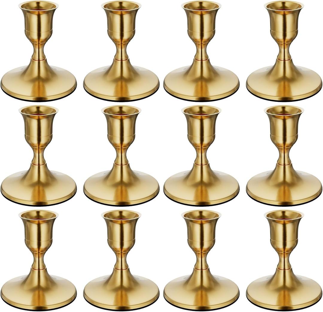12PCS Brass Gold Taper Candle Holders Set, Vintage Metal Candlestick Holders for Dinner Room Table Centerpiece or Mantel Wedding Party Decor
