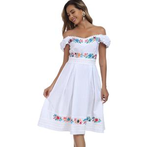 YZXDORWJ Mexican Dress for Women Embroidered Off Shoulder Peasant Cotton Dress Boho Outfit (Medium,)