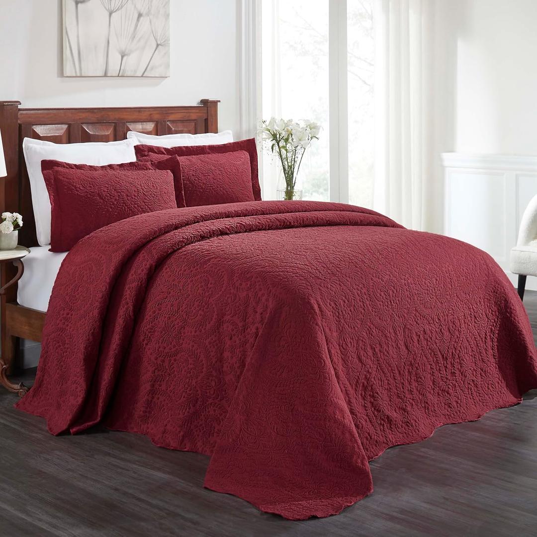 Superior Aspen Cotton Blend 3 Piece Bedspread Set, Oversized Bedspread, 2 Pillow Shams, Medium Weight Blanket, Home Bed Decor, Floral Scalloped, Matelasse Coverlet, Bedding Essential, King, Burgundy