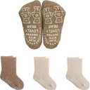Infant Walking Socks with Non-Slip Soles, Cute Bear Design, High Cotton - 3 Pairs for Toddlers Boys Girls (Beige)