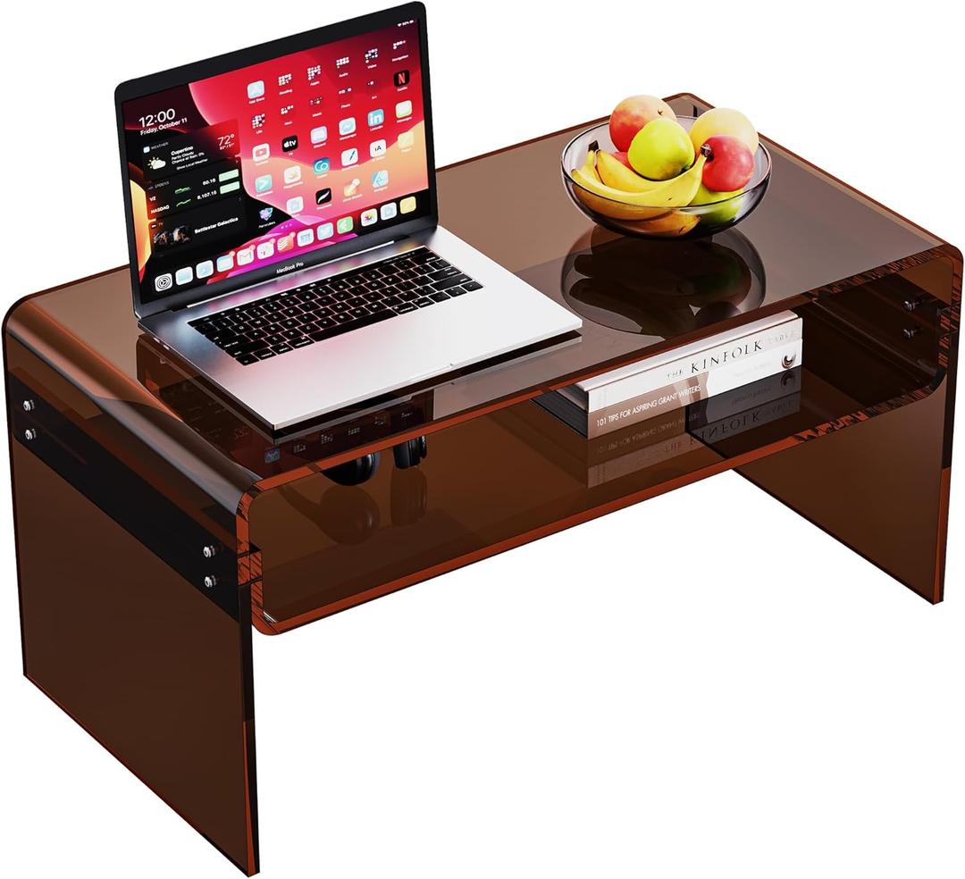 Acrylic Coffee Table for Living Room Clear Rectangle Lucite Table with Open Storage Shelf (1, Dark Brown, Nomal)