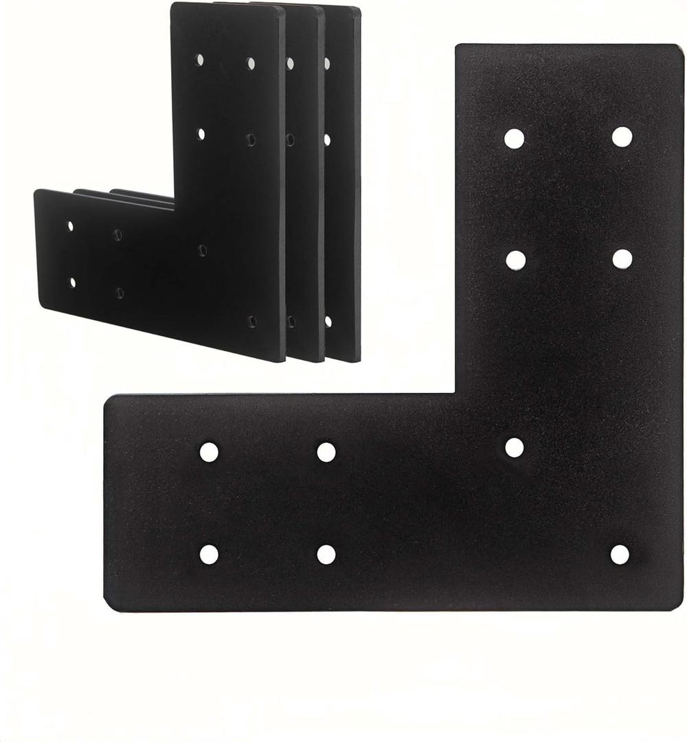 4pcs Heavy Duty Flat L Shape Flat Post Brackets, 7.5x7.5' Black, Steel, Wall Mount, Knee Braces, Decorative Shelf Brackets