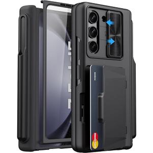 SIXBOX for Samsung Galaxy Z Fold 5 Case with Card Holder & S Pen Holder & Slide Lens Cover, Builtin Hinge Protection & Screen Protector, Durable Sturdy Phone Cover Case for Galaxy Z Fold 5, Black
