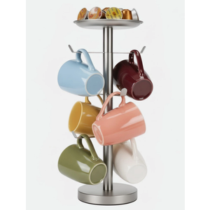 Coffee Mug Tree, Cup Holder for 6 Cups, with Tray for Phone, Tissues or Capsule (Brushed Nickel)