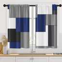 Dark Blue Kitchen Curtains 45 Inch Length Black Grey White Geometric Simple Style Window Short Tier Curtains Over Sink Set of 2, Modern Abstract Art Small Kitchen Decor 34x45 Inch