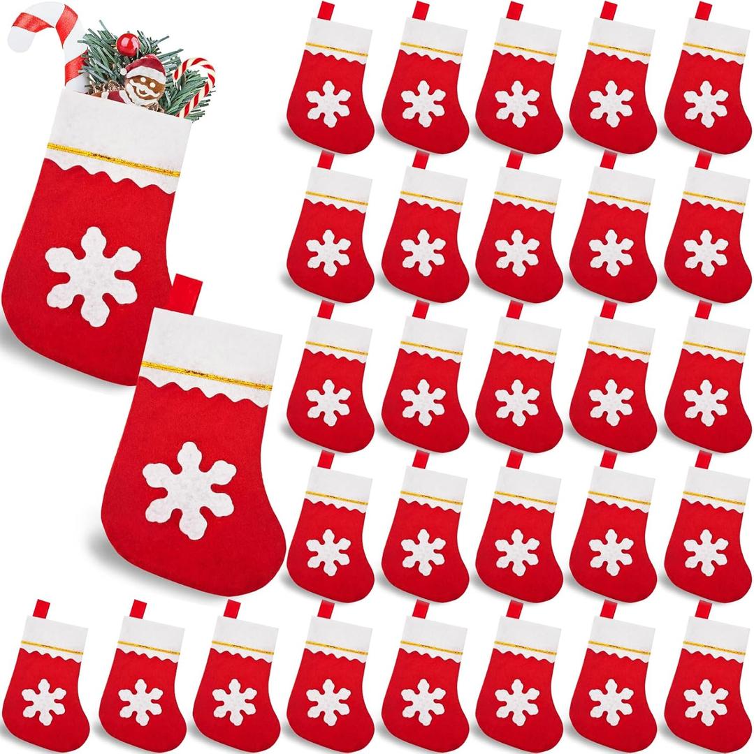 30 Pack Mini Christmas Stockings Snowflake, 8" Knife Spoon Fork Socks Holders, Xmas Candy Pouch Socks Bag for Party Favors, Christmas Tree Decoration