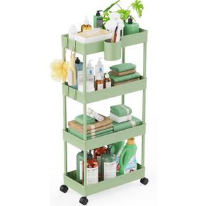 LEHOM Slim Rolling Storage Cart - 4 Tiers Bathroom Organizer Utility Cart Slide Out Storage Shelves Mobile Shelving Unit for Kitchen, Bedroom, Office, Laundry Room, Small Narrow Spaces7.1" W+Green (Light Bean Green)