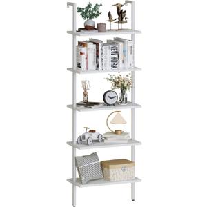 aboxoo Ladder Shelf White Wooden Bookshelf 5-Tier Wall-Mounted Open Wood Rack Industrial Modern Plant Flower Stand Utility Organizer Bookcase Metal Frame Furniture Office Kitchen Bedroom (1PC)