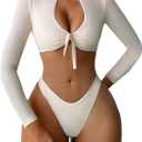 OYOANGLE Women's 2 Piece Long Sleeve Swimsuits Tie Front Crop Rash Guard Swimsuits Swimwear (Apricot)