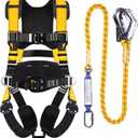 Fall Protection Premium Safety Harness with Shock Absorbing Lanyard, Vented & Padded Shoulder, Legs & Back - Upgrade 4 Quick Buckles (Yellow)