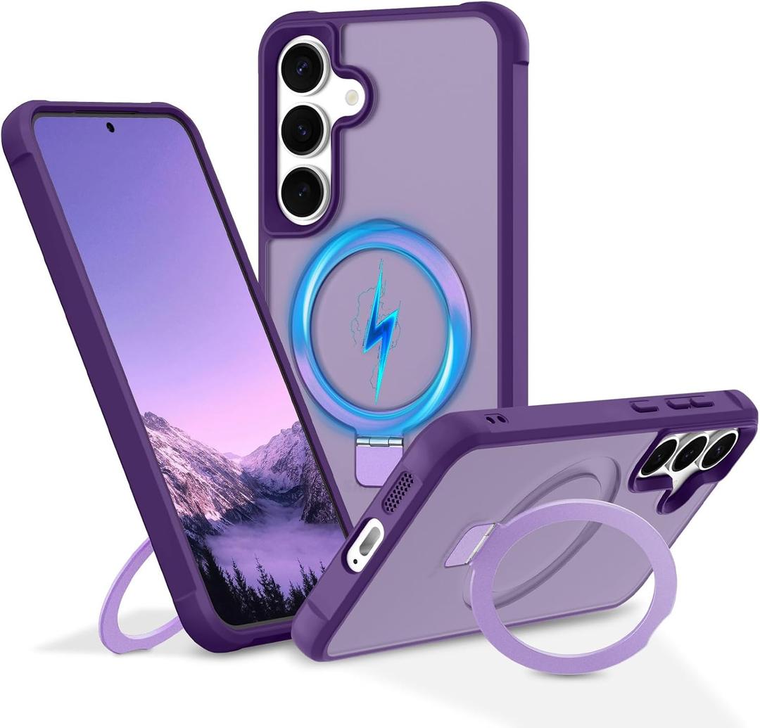 Magnetic Stand for Samsung Galaxy S25 Case [Military Grade Drop Protection] with Kickstand, Matte Translucent Slim Case for S25 6.2", Purple