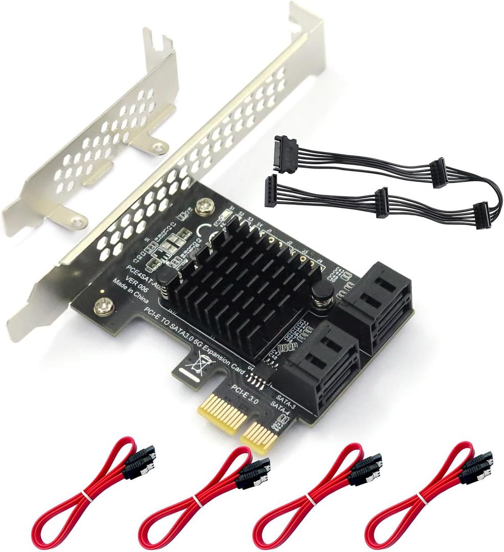 PCIe SATA 1X Card 4 Ports, PCIe 3.0 Express Expansion Controller Card 6 Gbps, PCIe Card Gen3 Adapter with 4 SATA Cables &Low Profile Bracket Plug and Play Windows Linux MAC OS System - ASM1064 Chip