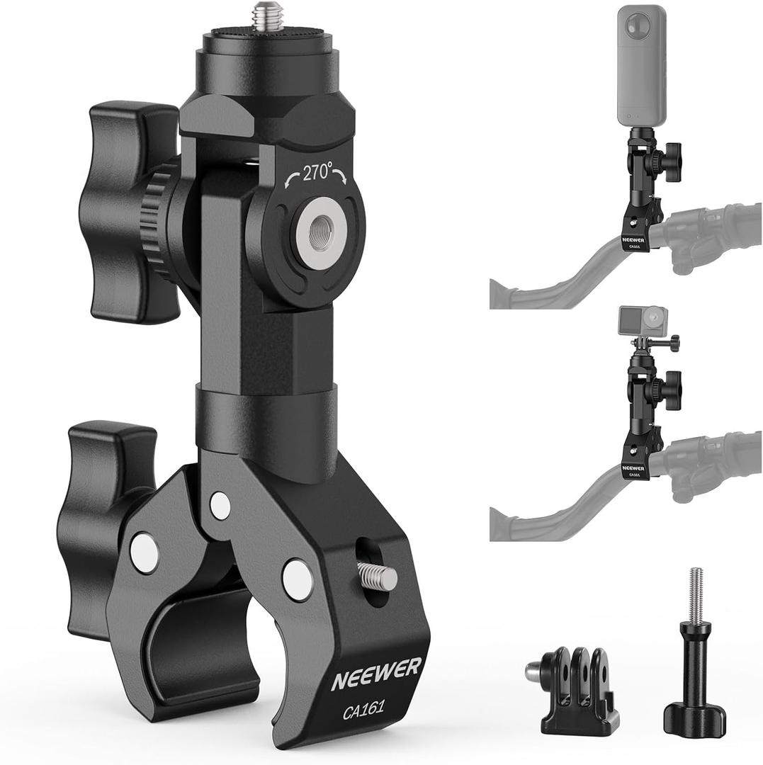 NEEWER Motorcycle Bike Handlebar Clamp Mount, Heavy Duty Clip Holder, 1/4" Screw & 3 Prong Adapter Compatible with Insta360 X5 X4 GoPro Hero 13 12 POV Video Recording, 360 Rotation & 270 Tilt, CA161