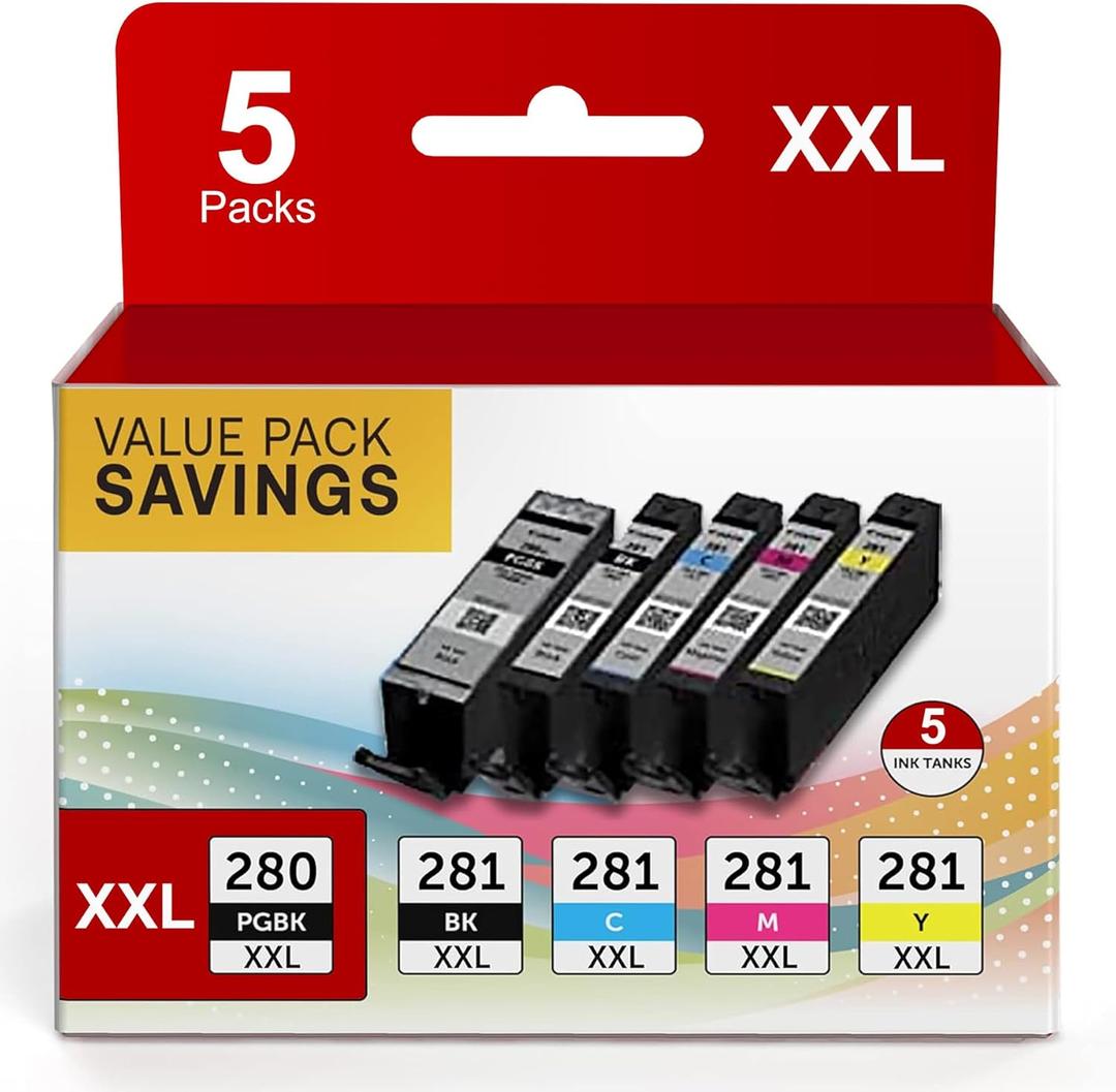 PGI-280XXL/CLI-281XXL Replacement for Canon 281 Ink Cartridges 5 Color Value Pack for Canon 280 281 Ink Cartridges Compatible with PIXMA TR8520 TR8620a TR8620 TR7520 TR8600 TS6120 TS6220 TS9120 (1 PGBlack, 1 Black, 1 Cyan, 1 Yellow, 1 Magenta)