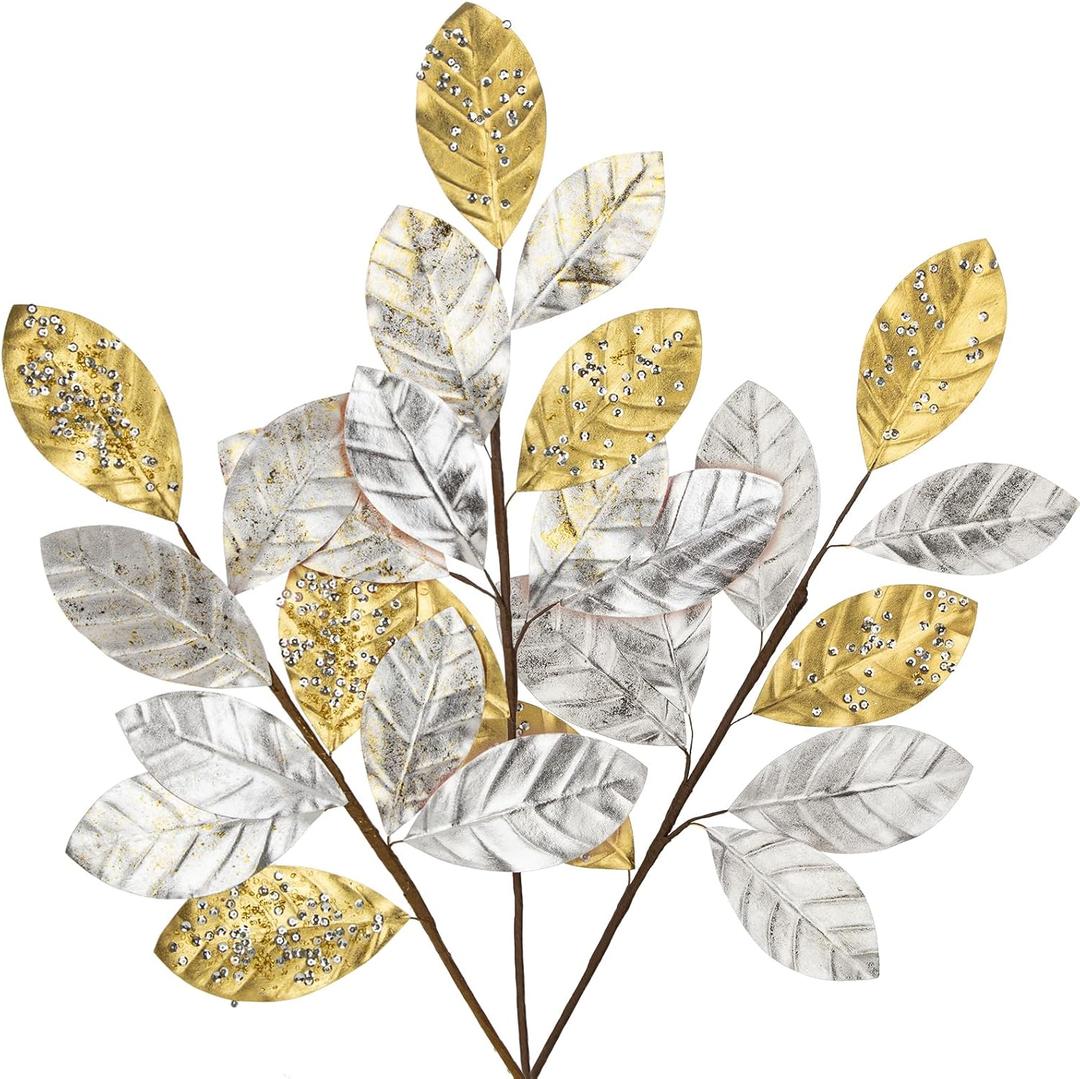23.6 Christmas Tree Picks and Sprays 3Pcs Silver and Gold Artificial Magnolia Stems Magnolia Leaves Branches Fake Silver Leaf Floral for Vase DIY Xmas Tree Garland Wreath Centerpieces Wedding Decor
