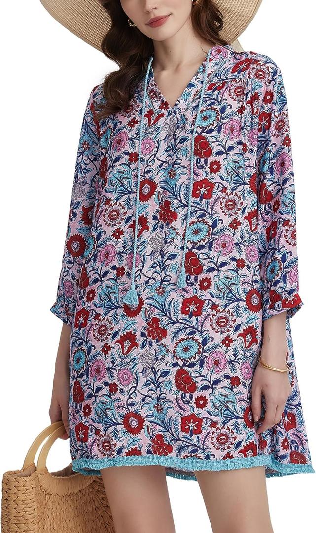 YEXPINE Women's Floral Print Cover Up Boho Tassel Tie Neck 3/4 Sleeve Casual Beach Summer Vacation Mini Dress