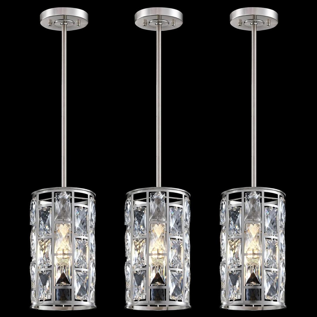 3 Pack 1 Light Hanging Kitchen Island 5.5" Crystal Modern Pendant Light Fixture,Brushed Nickel Finish with Crystal Shade for Bar,Dining Room,Corridor,Living Room Over Sink (Brushed Nickel 5.5" Shade)