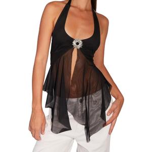 Women Halter Top Y2k Flowy Sheer Mesh Split Hem Backless Going Out Tank Top Festival Clubwear (Small, Black)
