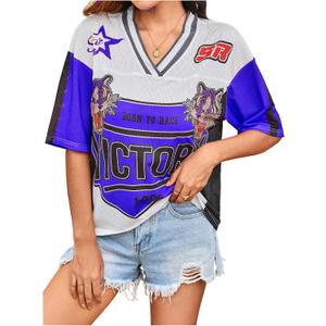 Women's Number Print Mesh Jersey Shirt Color Block V Neck Short Sleeve Football T-Shirt (Blue, L)