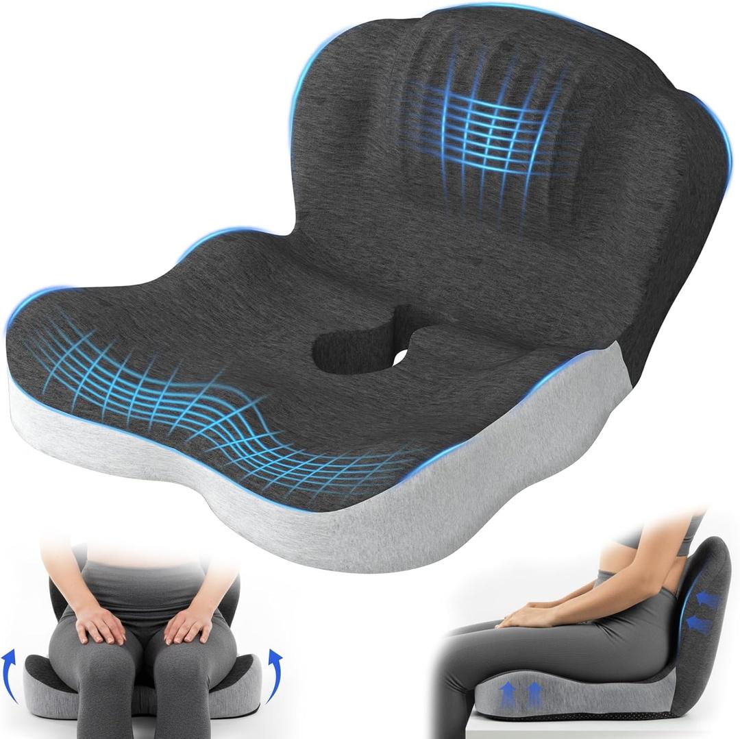 Urban Deco Memory Foam Seat Cushion, Office Chair Seat Cushion with L-Shaped Design, Ergonomic Back and Seat Pad Cushion for Car, Driving, Office, Black+Grey