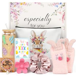Easter Gifts for Teens Girls Women Adults,7 PCS Bunny Gifts Set with Iced Coffee Cup,Bracelet,Socks,Bag,Hair Clip & Scrunchy,Perfect Easter Basket Stuffers for Teens Girls Adults