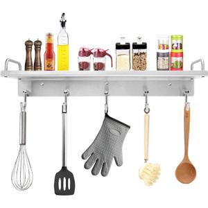 Kitchen Utensil Rack, Spice Rack with Hooks Wall Mount, Over the Stove Shelf, Stainless Steel, Hanging Storage Wall Shelf for Spatula Spoon, Seasoning Jar Organizer (15.75 inch)