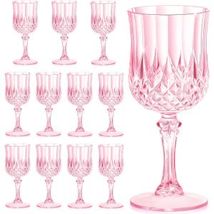 7OZ Plastic Wine Glasses, Reusable Vintage Goblets Unbreakable Drinking Glasses Crystal Water Cups Champagne for Wedding, Parties, Mother's Day (12, Pink), 6.6 Inches X 2.65 Inches