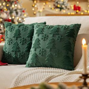 Green Christmas Tree Throw Pillow Covers 18"x18" Set of 2, Winter Snowflake Decorative Pillow Covers Soft Plush Embroidery Cushion Covers Holiday Accent Pillows for Couch Farmhouse Home Decor