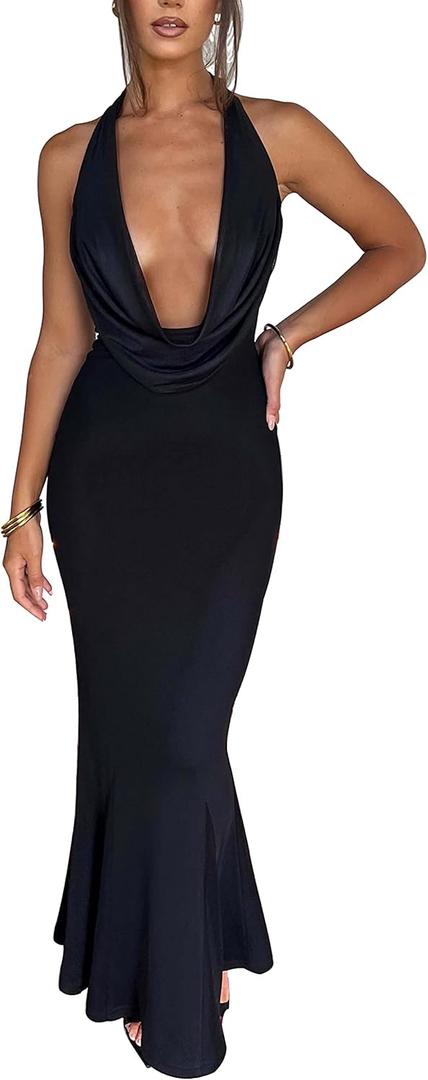 LuFeng Women's Sexy Sleeveless Summer Dress Backless Deep V Neck Halter Bodycon Maxi Party Dress (Medium, Black)