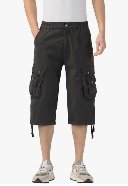Mens Long Cargo Shorts Below Knee 3/4 Stretch Twill Cotton Relaxed Fit Elastic Waist Cargo Shorts for Men, Size 32, Dark Grey