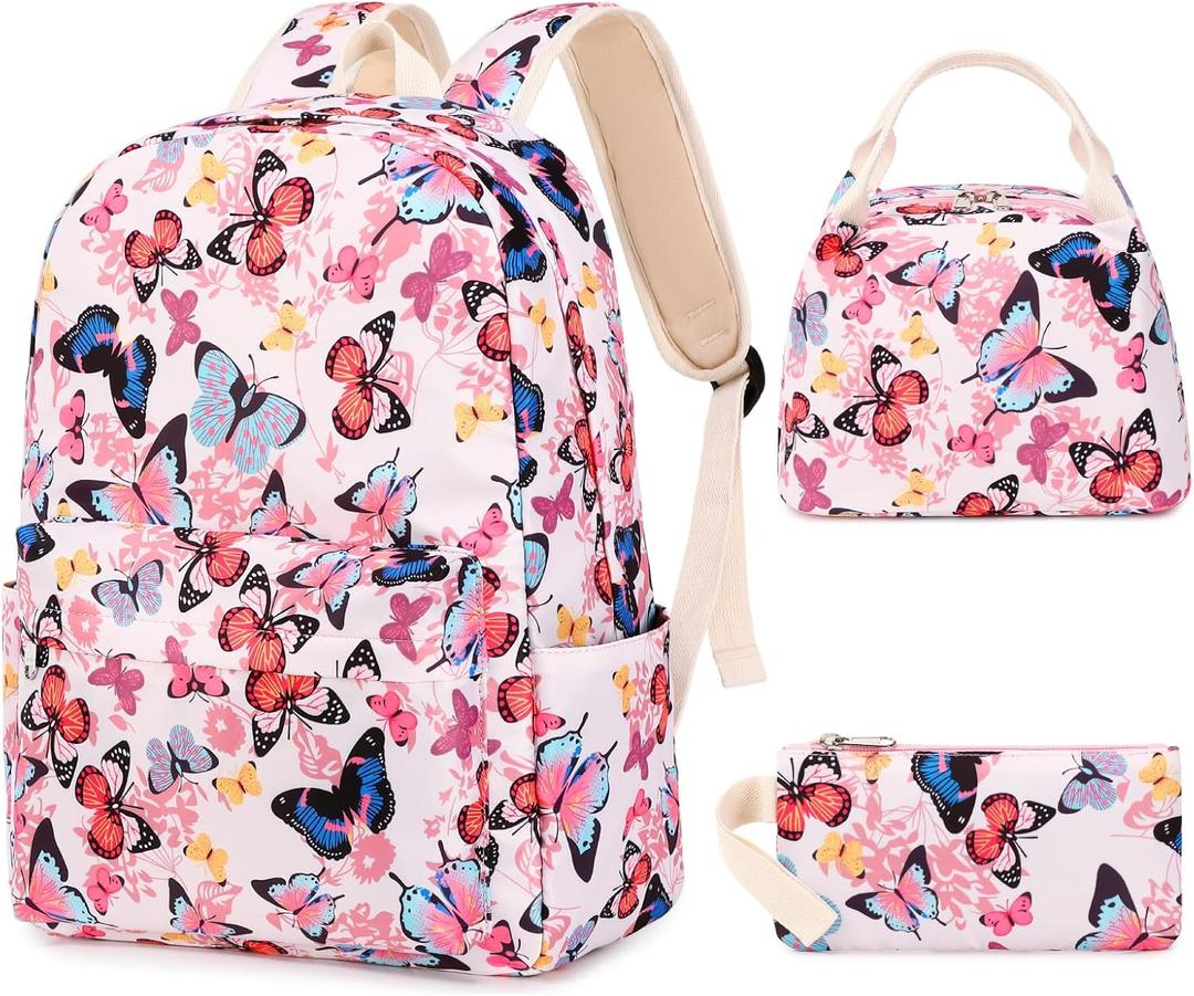 Sunborls Teens Girls Cute Backpack 3 in 1 with Lunch Bag Pencil Bag Set Females Daily Leisure Travel Laptop Backpack He is Also Back To School Student Bookbags (Butterfly Pattern Pink