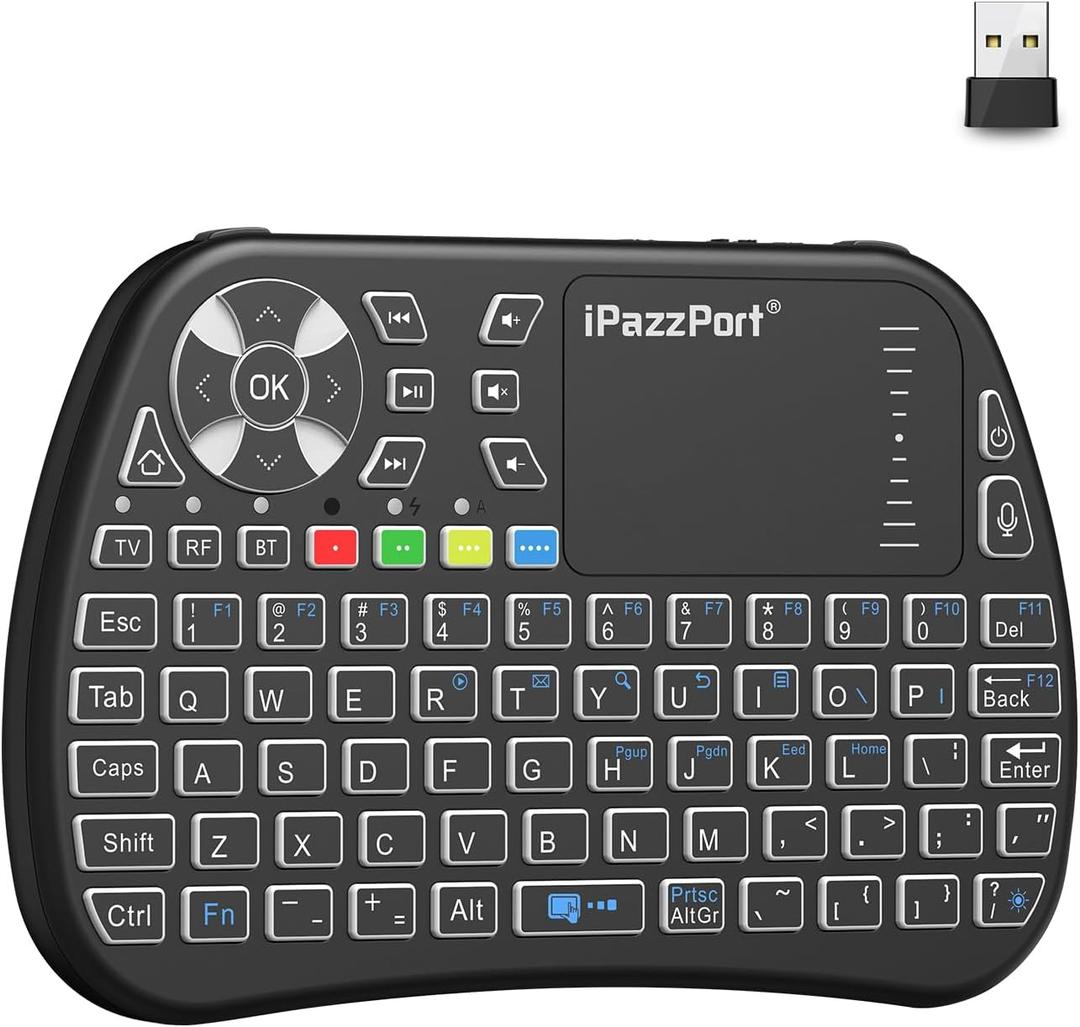 iPazzPort Bluetooth Mini Keyboard with Touchpad, 2.4G Mini Wireless Keyboard and Mouse with IR Learning Support, Cyclic RGB Backlit, Rechargeable for PC, Smart TV, Laptop, Android TV Box Type-C