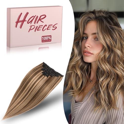 TESSHAIR Remy Hair Extensions Clip in Human Hair 10 Inch Straight Real Hair Extensions Clip in Human Hair 85g 7Pcs, Medium Brown Mixed Dark Blonde # 4P27