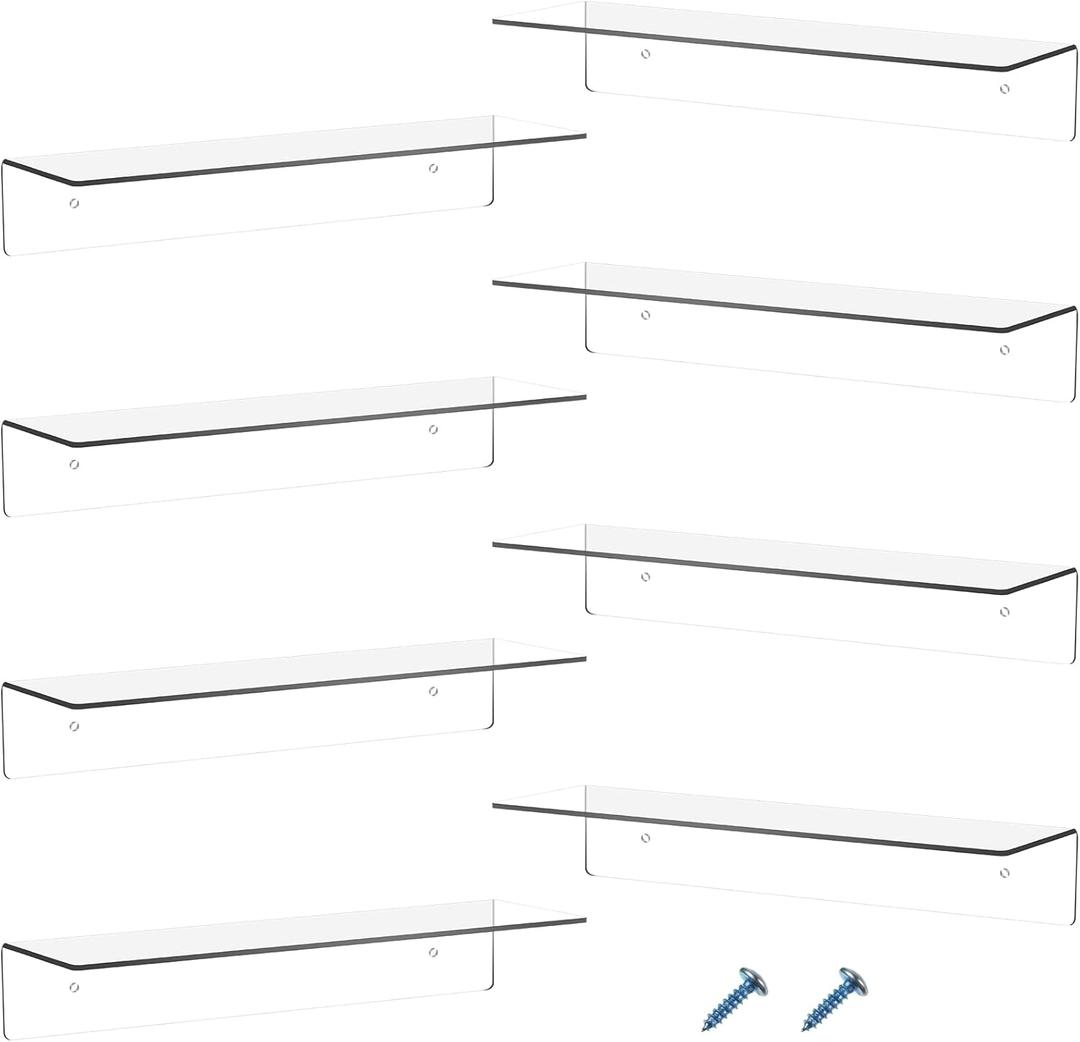 Blulu 8 Pcs Acrylic Floating Shelf, Invisible Wall Mounted Shelf for Book Plants Picture Makeup Record Display in Living Room, Bathroom, Bedroom, Kitchen, Office(12 x 4 x 2 Inches,Clear)