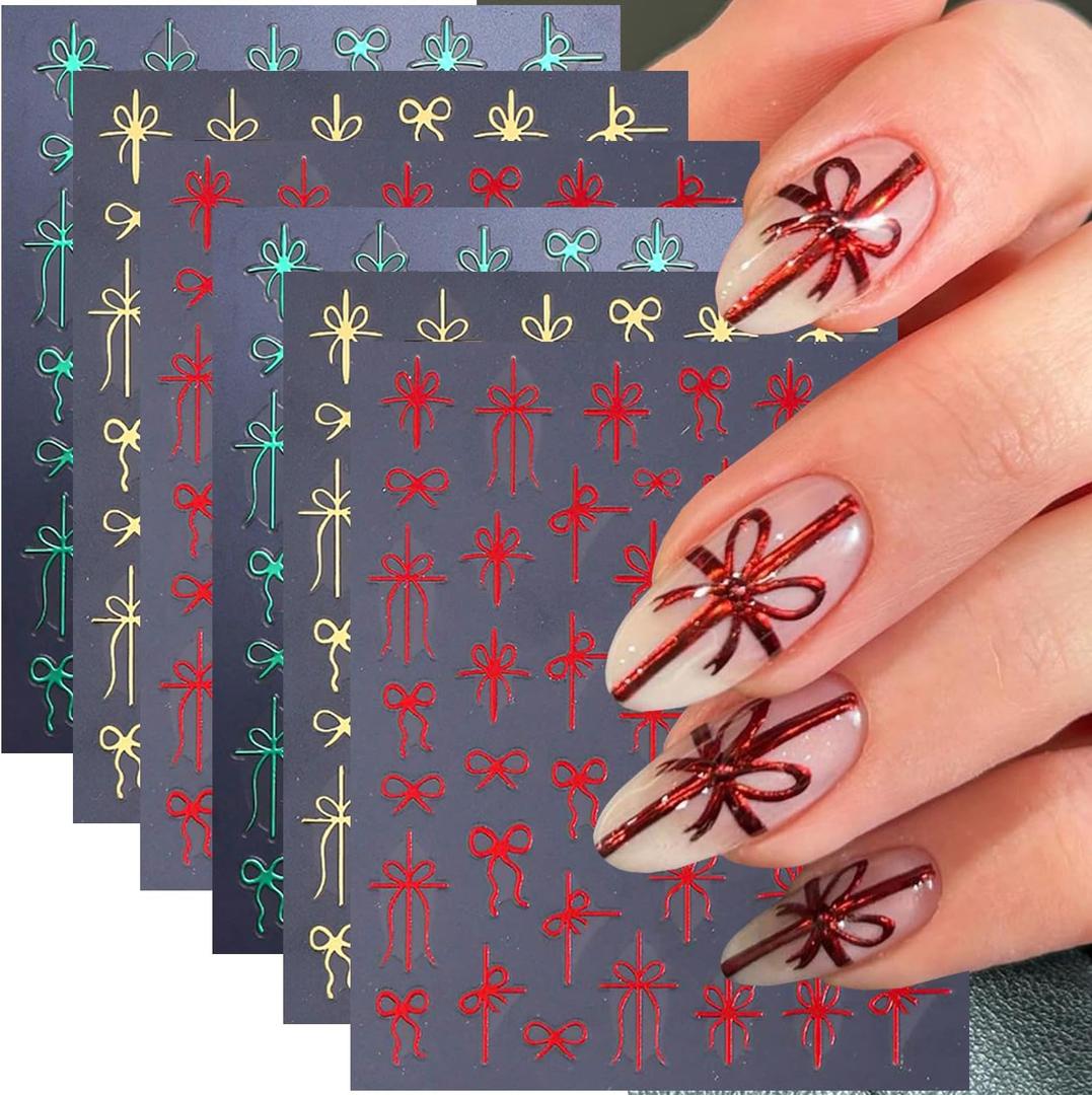 6 Sheets Christmas Gift Bow Nail Art Stickers Christmas Nail Decals 3D Self-Adhesive Gift Bow Nail Sticker Gold Red Green Bow-Knot Nail Supplies New Year Holiday Manicure Tips Decoration for Women