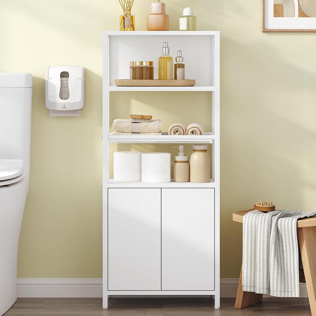 Hzuaneri Storage Bathroom Cabinet, Bathroom Floor Cabinet with Doors and Open Adjustable Shelf, Small Cabinets with Ventilated Metal Grid, Freestanding Storage Cabinets, White 7.9"D x 15"W x 35.5"H