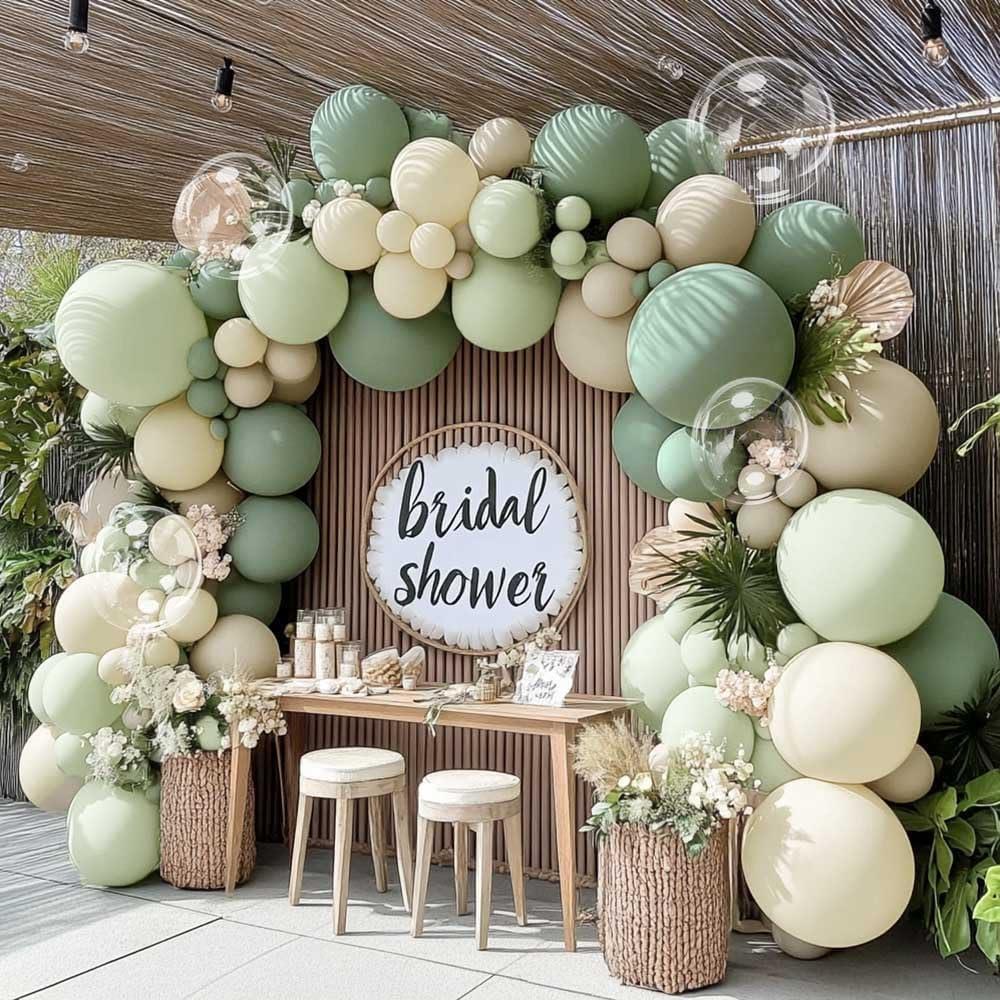 Dusty Green White Balloon Arch Kit Double Stuffed, Sage Mint Green Sand Ivory Boho Balloon Garland with Clear Bobo Latex for Neutral Baby Shower Bridal Wedding Birthday Woodland Party Decoration