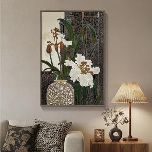 Framed Vertical Vintage Botanical Wall Art, Retro Zen Chinoiserie White Floral Canvas, Antique Asian Chinese Peony Painting Prints for Living Room Bedroom Office Hallway Entryway Wall Decor, 24x36