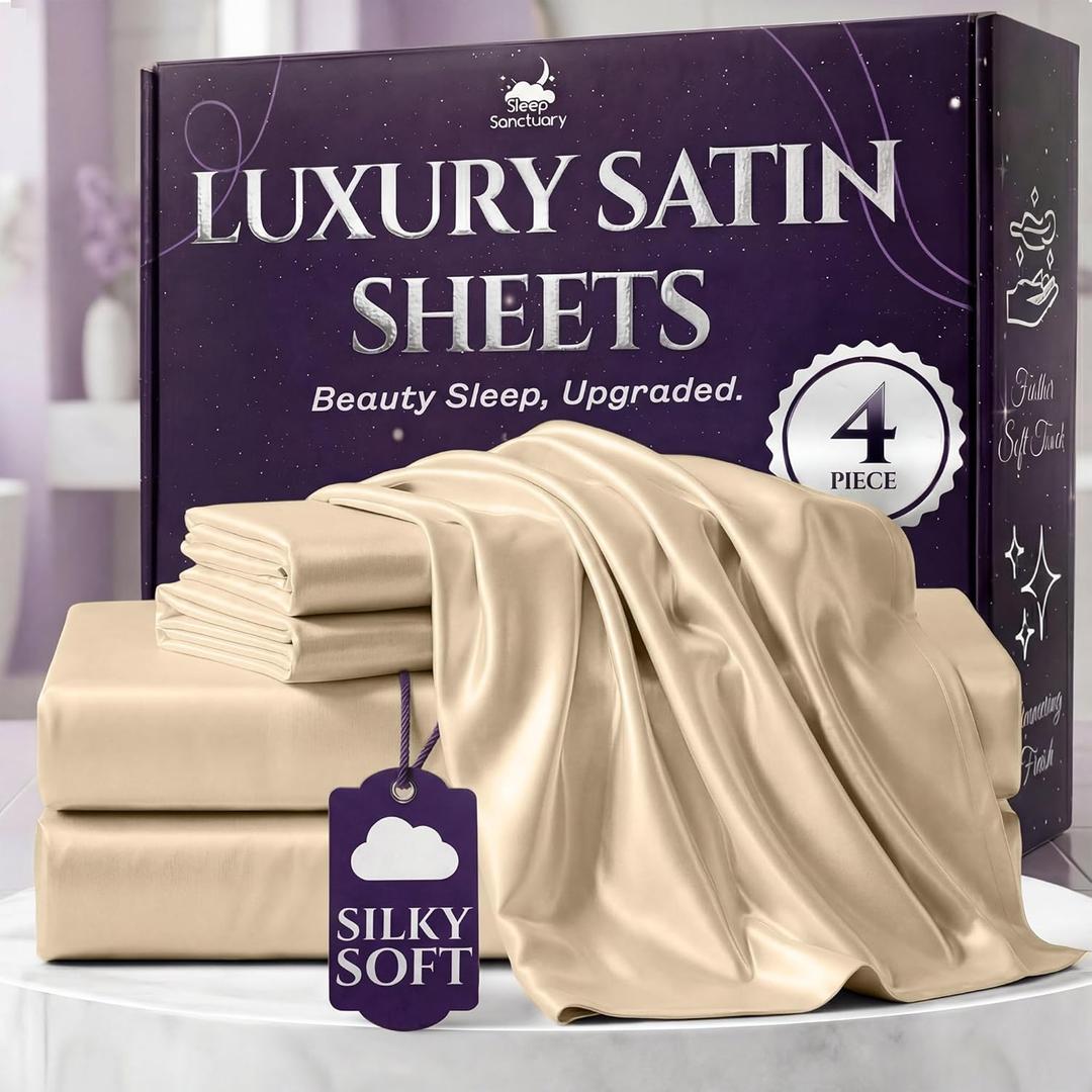 SLEEP SANCTUARY Satin Sheets King Size 4 Piece Luxury Silky Bed Set, Softer Than Silk, 15" Deep Pocket, Cooling & Wrinkle-Free, Moisture-Wicking & Breathable for Hair & Skin (Ivory)