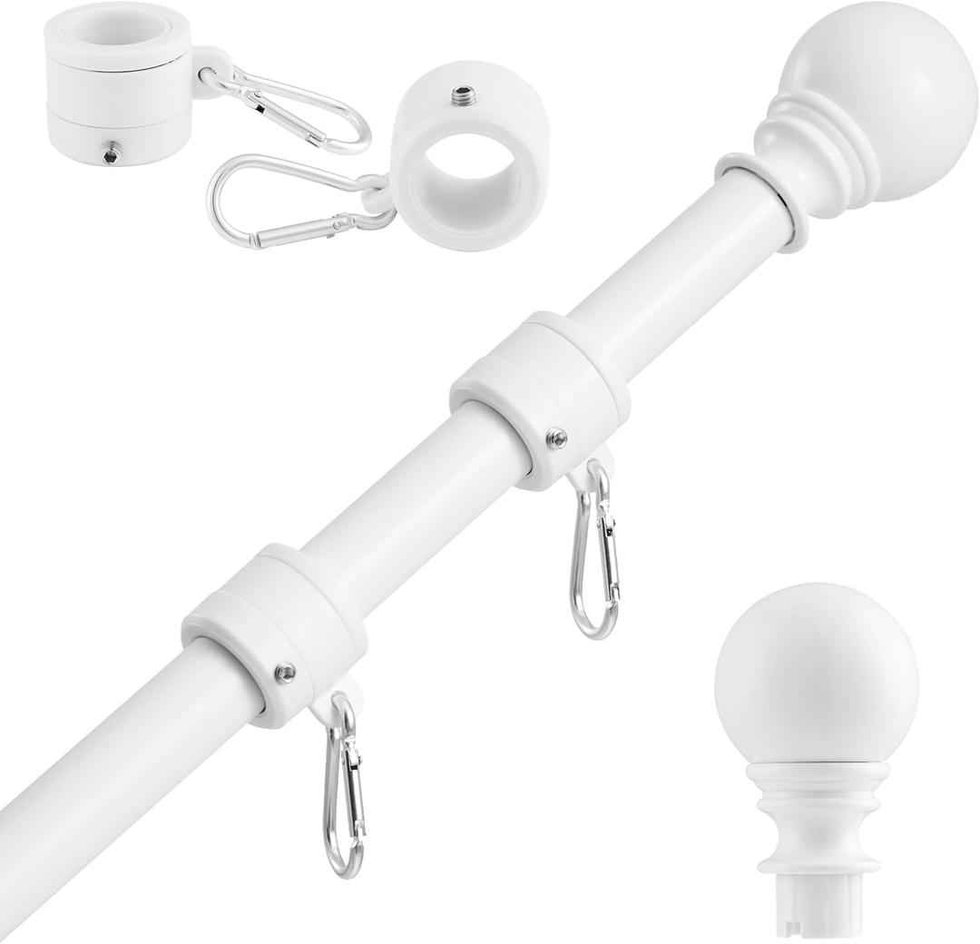 Flag Pole for House-6ft, Flag Pole kit Tangle Free Metal Flagpole Kit for American Flag (Without Flag) Outside House, Porch, Yard (White), with Two small handheld American flags