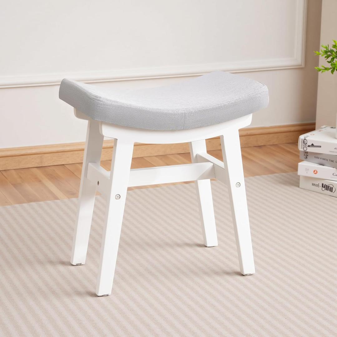 Vanity Stool with Saddle Cushion, Small Solid Wood Makeup Chair with High-Rebound Sponge Seat, Easy Assembly Footstool for Bedroom, Bathroom, Entryway, Light Grey