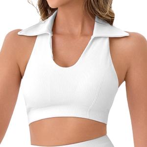 RIOJOY Womens Workout Tennis Crop Top Collared Sleeveless Racerback Tank Top with Padded Sports Bra Golf Shirts (Medium, White)