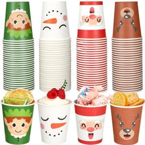 Yaomiao 100 Pcs Christmas Face Paper Cups, 9 oz Disposable Coffee Cup Santa Snowman Elk Elf Christmas Cups Xmas Party Drinkware Supplies for Drinking Tea Cocoa Cold Hot Drinks Holiday Xmas Daily Use