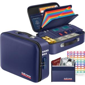 Fireproof Document Storage Box Hard Case With Lock, Multi-Layer Fire Proof Water Resistant Safe Box File Organizer Bag With Small Money Bag for Important Documents Passport Certificates Laptop (Blue)