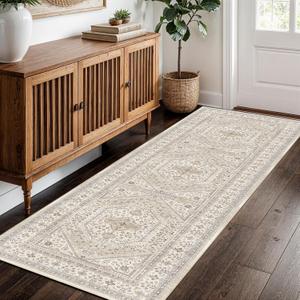 2x5 Runner Rug for Hallway Washable: Non Slip Kitchen Rugs with Rubber Backing Soft Waterproof Mats Stain Resistant Indoor Vintage Carpet Runner for Bedroom Bathroom Laundry Entryway Beige/Gray