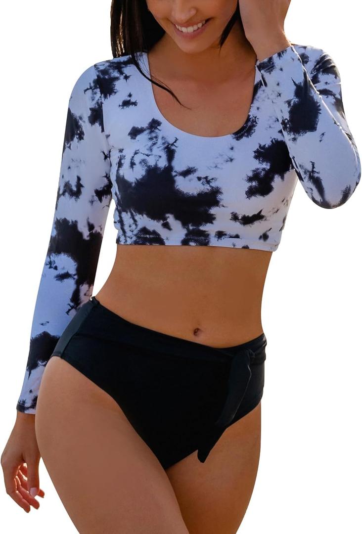 Womens Two Piece Swimsuits High Waisted Bikini Set Rash Guard Bathing Suit Long Sleeve Swimwear Crop Top Teen Girls (Large)