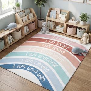 3.3 x 4 ft Calming Corner Classroom Rug Boho Rainbow Positive Affirmation Inspirational Corner Items Rug Educational Soft Fluffy Carpet Floor Mat for Nursery Homeschool Playroom Elementary